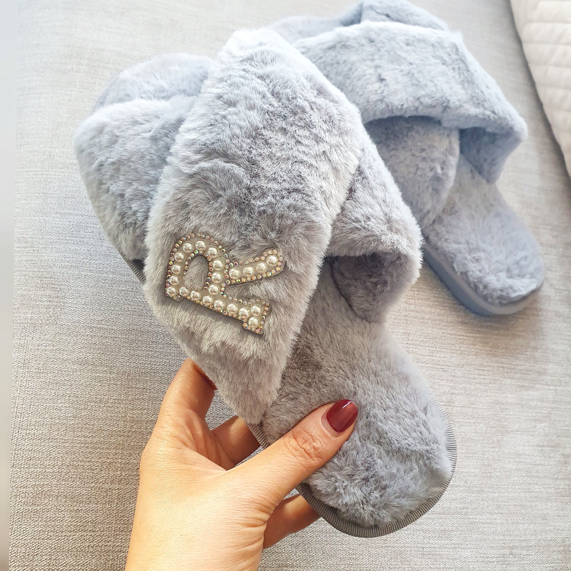 Luxury Personalised Fluffy Slippers. Diamante Fluffy Slippers. Etsy