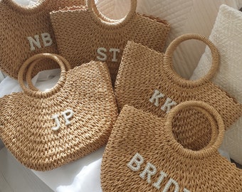 Personalised Embellished Diamante Initial Straw Beach Bag. Personalised Beach Bag. Woven Patch Beach Bag. Initial Woven Beach Bag.