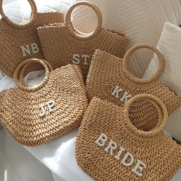 Personalised Embellished Diamante Initial Straw Beach Bag. Personalised Beach Bag. Woven Patch Beach Bag. Initial Woven Beach Bag.