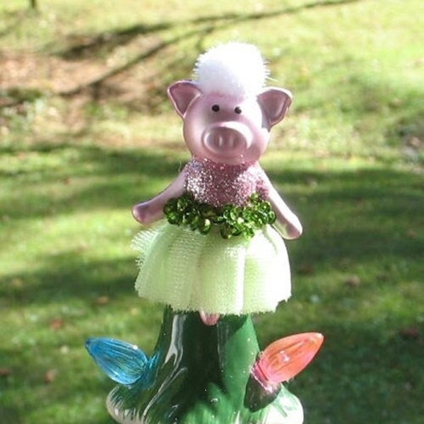 Specialty Small Ceramic Christmas Tree Topper Ballerina Pig in Green Tutu Dress Bulb