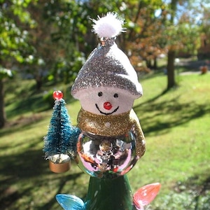 Specialty Ceramic Christmas Tree Topper Silver & Gold Glitter Snowman Bottle Brush Tree Bulbs