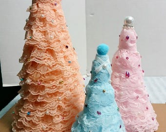 3 Handmade Lace fabric Christmas Tree Cones, Rhinestones & Pearls (12.5", 9.5, 7" Tall) Decor. Peach, Pink, Blue