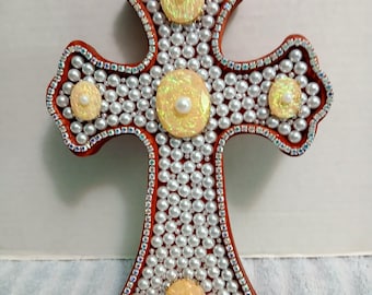 Wooden GoldBrown CROSS Vintage Yellow Opal Jewelry Brooch center with Pearls. Wall Art picture 10"X7" crucifix