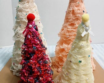 Set of 4 Handmade Lace fabric Mothers Day or Christmas Tree Cones, Rhinestones & Pearls (12.5", 9" Tall) Red, Yellow Cream Peach FREE SHIP