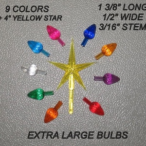9 EXTRA LARGE Twist Lights Bulbs for Ceramic Christmas Tree, W/9 Colors + 4&quot; yellow star