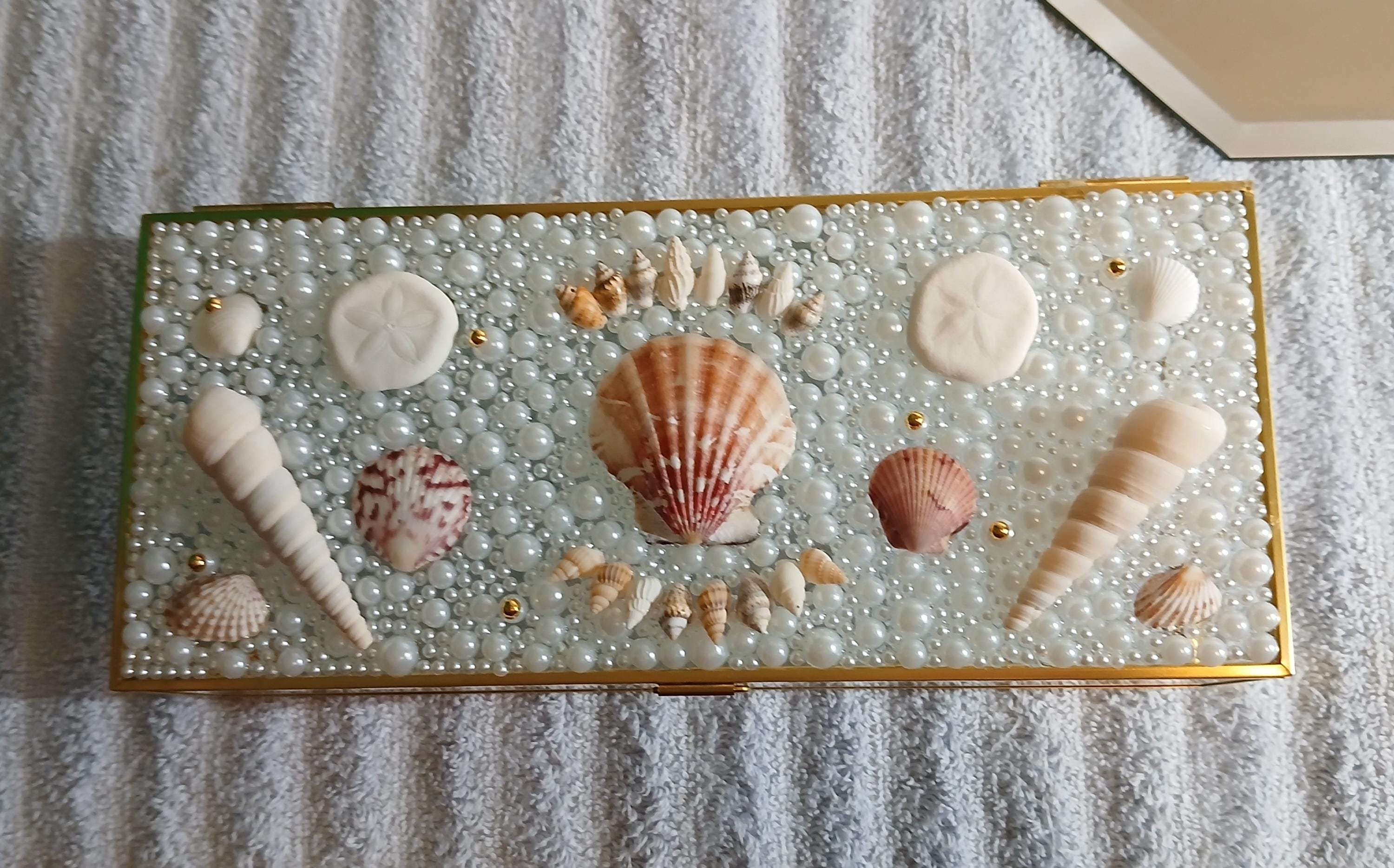 Sea Shell Pearl Gold Trim Jewelry Trinket Box 3 Sizes Boho Beach ...