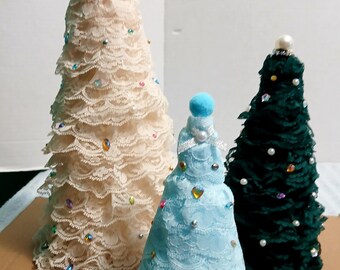 3 Handmade Lace fabric Christmas Tree Cones, Rhinestones & Pearls (12.5", 9.5, 7" Tall) Decor. Cream, Green, Blue