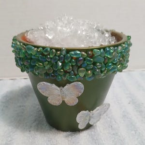 Handmade green pebble Planter w/Butterflies Coastal Boho Plant clay Pot 6" tall