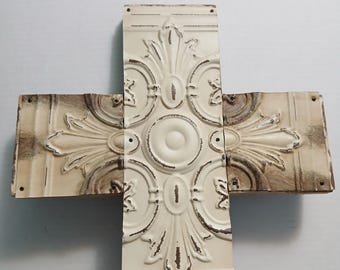 Large vintage Wooden Fleur-de-lis tin cross 25" tall Crucifix