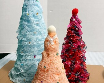 3 Handmade Lace fabric Mothers Day or Christmas Tree Cones, Rhinestones & Pearls (12.5", 9.5, 7" Tall) Decor. Blue, Red, Peach