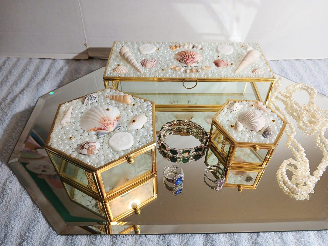 Sea Shell Pearl Gold Trim Jewelry Trinket Box 3 Sizes Boho Beach ...