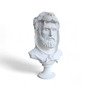 Può includere: Busto in gesso bianco di un uomo con un copricapo a testa di leone. Il busto è su un piedistallo bianco.