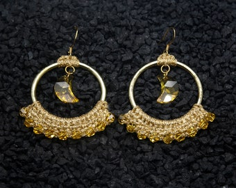 Gold crochet earrings. Gold hoop earrings. Moon crystal earrings. Crystal hoops. Swarovski earrings.