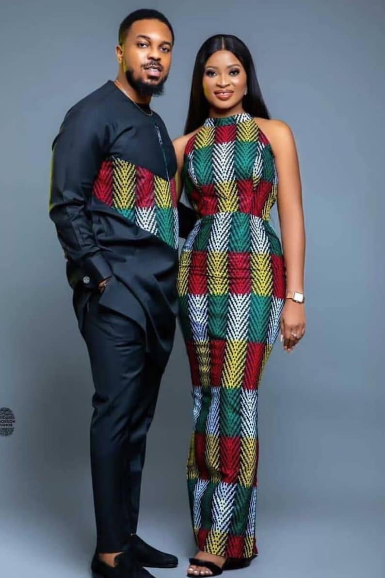 Couple African outfit, African couple engagement outfit, Ankara gown, Ankara clothes for couples wedding, Couple matching African clothing 