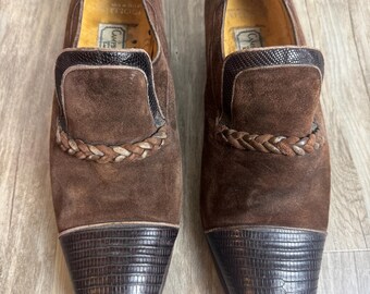 Vintage Mens Suede Leather Two Tone Loafers Handmade Italy Cap Toe Braided Strap Dress Shoes Size 11
