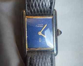Vintage Cartier Must Tank Watch Lapis Lazuli Dial Vermeil 23mm Swiss Ladies