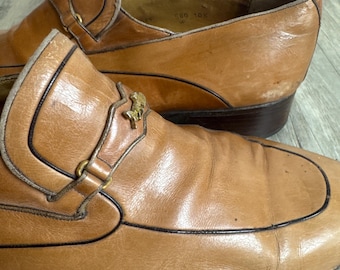 Vintage 70s Men’s Cognac Leather Bit Loafers Size 10 Italian Style Slip On Dress Shoes