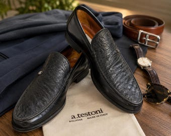A. Testoni Ostrich Leather Loafers Men's 10.5 Black Made in Italy Luxury Shoes