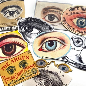 May include: A collection of vintage eye-themed ephemera, including illustrations, advertisements, and a pair of miniature spectacles. The items feature detailed drawings of eyes, with text such as "EYE" and "WHITE THE DRUGGIST".