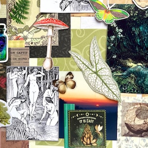May include: A collage of paper ephemera featuring a red mushroom, a green moth, a skull in a bottle, a black and white illustration of figures in a stream, a green leaf, a sunset, and a square card with the text Everything is hard before it is easy.