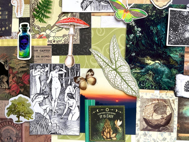 May include: A collage of paper ephemera featuring a red mushroom, a green moth, a skull in a bottle, a black and white illustration of figures in a stream, a green leaf, a sunset, and a square card with the text Everything is hard before it is easy.