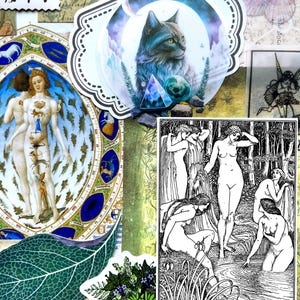 May include: A collection of decorative stickers featuring a cat in a crescent moon, a black and white illustration of figures in a forest, a zodiac-themed human figure, a green leaf, a black cauldron with a crescent moon, and mushroom stamps.
