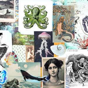 May include: A collage of vintage illustrations featuring marine life and mythical creatures. Includes images of whales, an octopus, mermaids, jellyfish, and seashells. The colour palette is a mix of blues, greens, and sepia tones, creating a whimsical and artistic aesthetic.