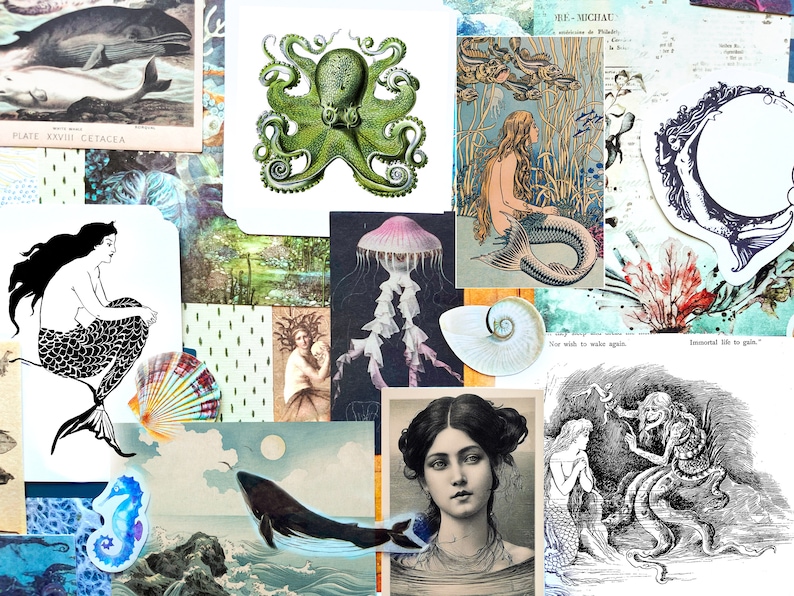 May include: A collage of vintage illustrations featuring marine life and mythical creatures. Includes images of whales, an octopus, mermaids, jellyfish, and seashells. The colour palette is a mix of blues, greens, and sepia tones, creating a whimsical and artistic aesthetic.