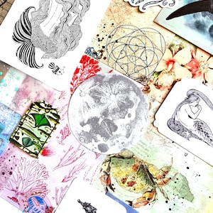 May include: A collection of marine-themed stickers and cards. The image shows a mermaid, jellyfish, seahorse, crab, and a full moon. The colour palette includes shades of blue, green, and red, with a vintage aesthetic. The items are arranged on a patterned background.