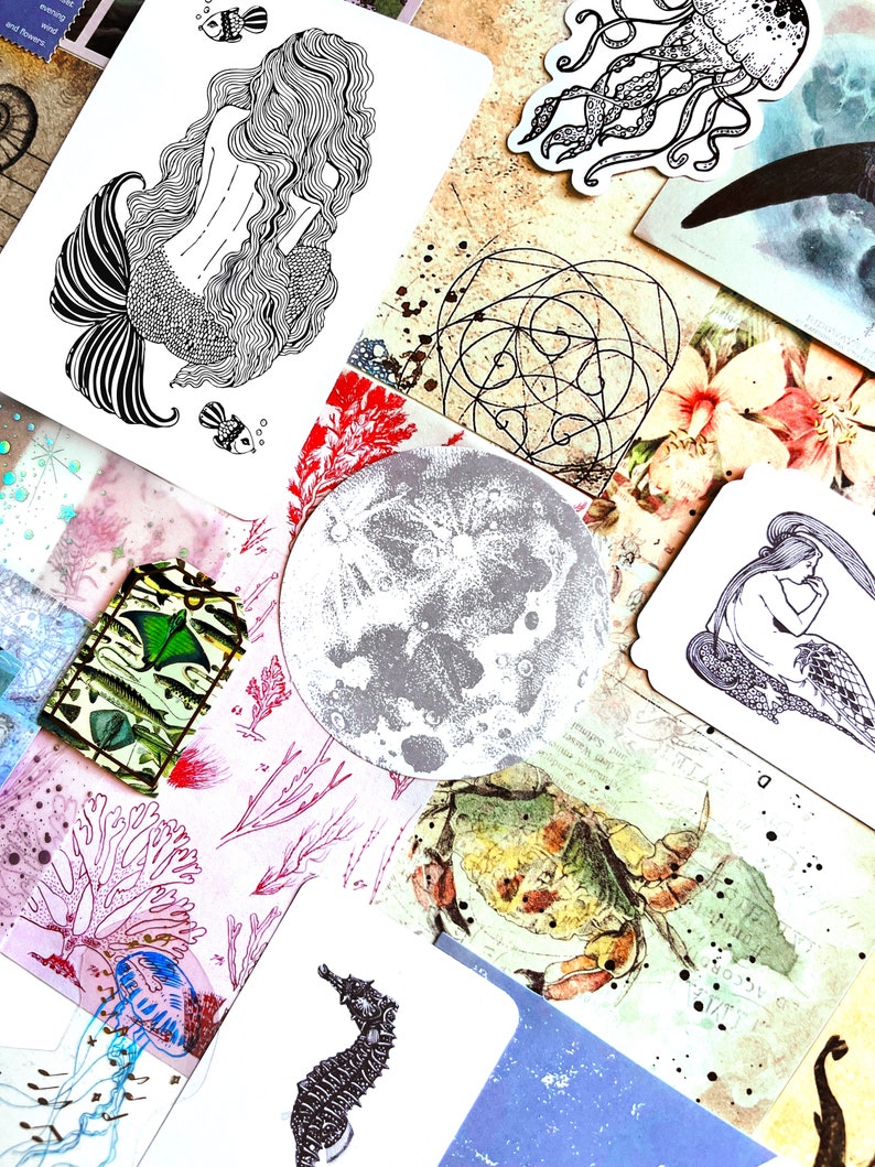 May include: A collection of marine-themed stickers and cards. The image shows a mermaid, jellyfish, seahorse, crab, and a full moon. The colour palette includes shades of blue, green, and red, with a vintage aesthetic. The items are arranged on a patterned background.