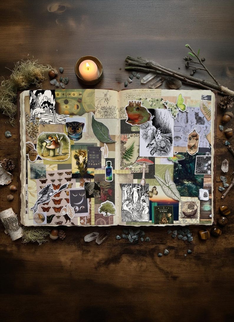 May include: An open scrapbook featuring a collage of nature-themed paper cutouts, including illustrations of a frog, mushrooms, butterflies, an owl, and botanical elements. The pages are filled with various textures, dark green and brown tones, and vintage-style prints.