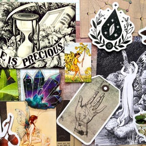 May include: A collection of assorted stickers and paper ephemera featuring diverse illustrations including an hourglass with the text TIME IS PRECIOUS, a crystal cluster, a palmistry hand, a fairy, a tree stump, and a bathtub with lily pads.