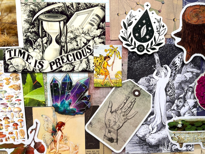 May include: A collection of assorted stickers and paper ephemera featuring diverse illustrations including an hourglass with the text TIME IS PRECIOUS, a crystal cluster, a palmistry hand, a fairy, a tree stump, and a bathtub with lily pads.