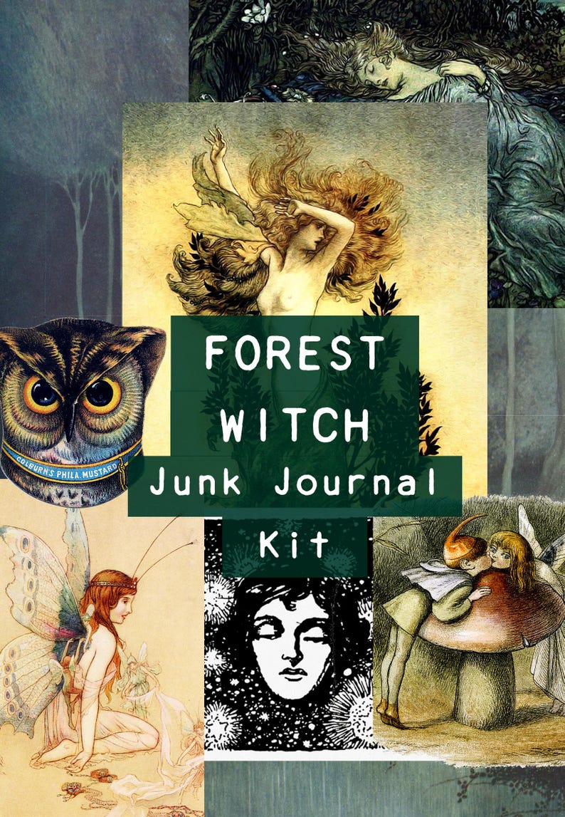 May include: A collage of vintage-style illustrations featuring a central dark green rectangular label with white text reading FOREST WITCH Junk Journal Kit. The imagery includes a detailed owl, a winged fairy, a sleeping figure, and forest scenes.