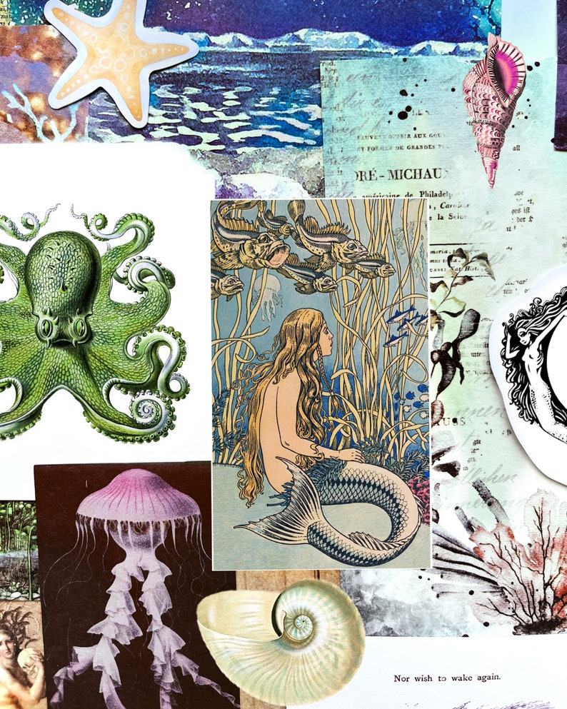 May include: A collage with illustrations of marine life, including a starfish, octopus, mermaid, jellyfish, and seashell. The background has a watercolor effect in blue and purple tones, with some text. The overall theme is nautical.