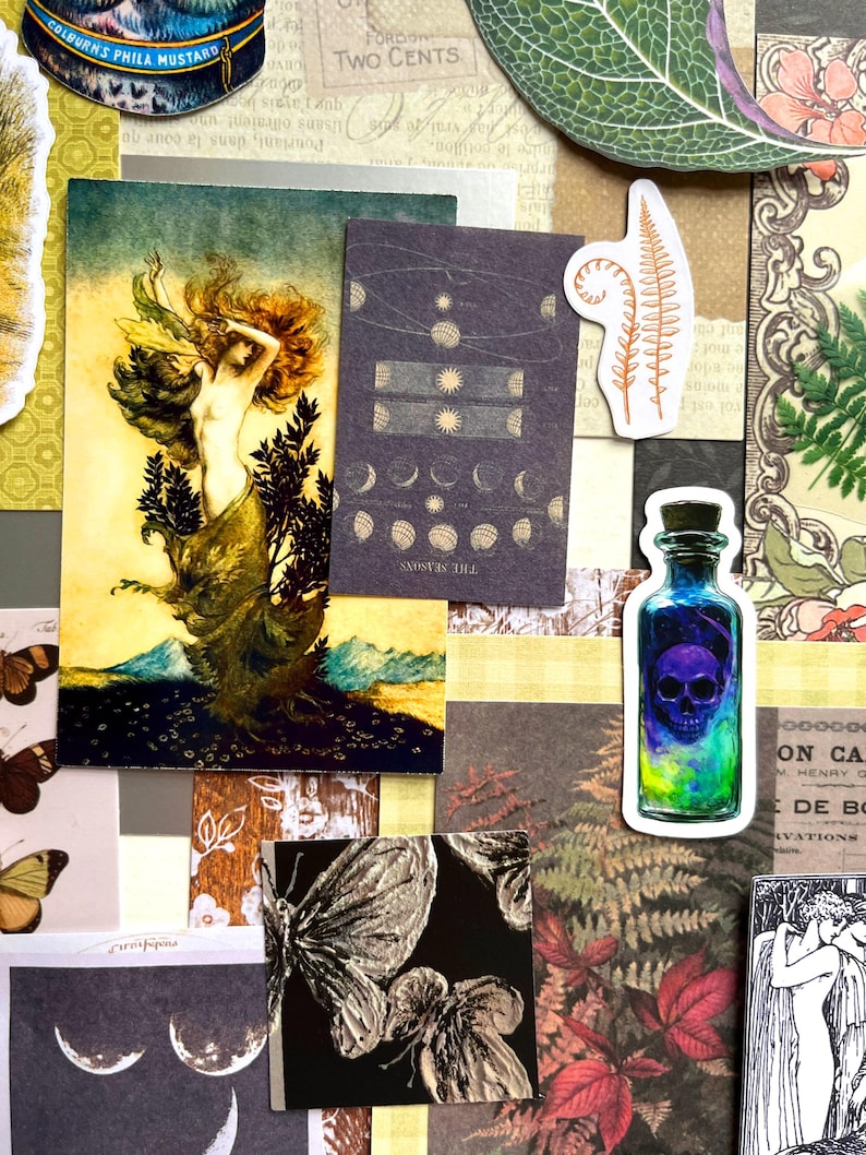 May include: A collection of decorative paper ephemera featuring a central illustration of a figure with flowing hair, a dark rectangular card with moon phases and the text THE SEASONS, a sticker of a skull in a glass bottle, and butterfly imagery.