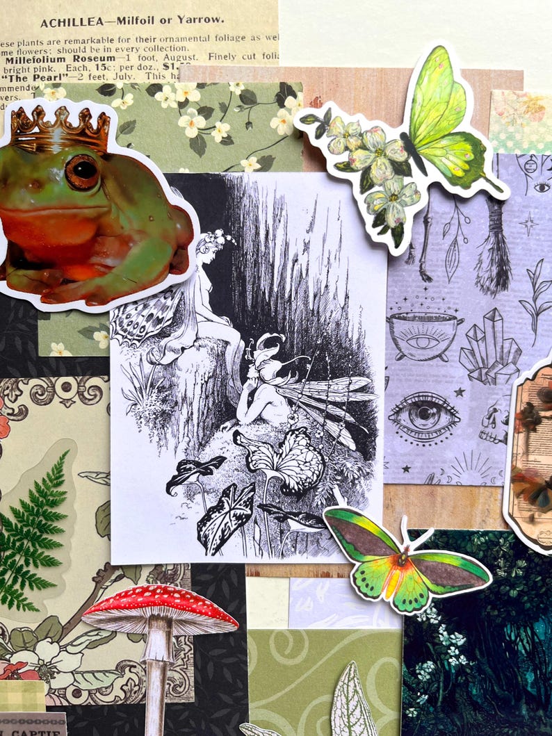 May include: A collection of stickers and paper ephemera featuring a green frog wearing a gold crown, a black and white illustration of fairies, two colorful butterflies, a red mushroom, a fern, and mystical symbols on a purple background.