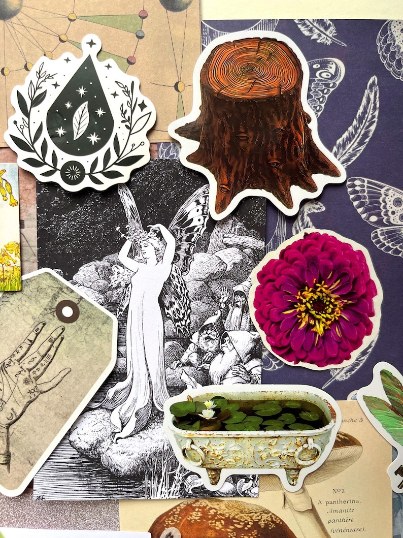 May include: A collection of stickers featuring a black teardrop with stars and leaves, a brown tree stump, a vibrant magenta zinnia flower, a clawfoot bathtub filled with lily pads, and a black and white illustration of a winged figure with gnomes.