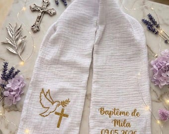 Étole écharpe baptême personnalisée gaze de coton blanc garçon fille bébé enfant écharpe thermocollée prénom cérémonie baptême bapteme blanc