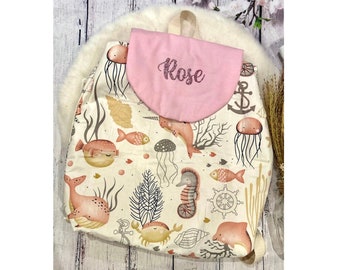 School backpack personalized with the first name of the child or baby in cotton jungle animal forest print