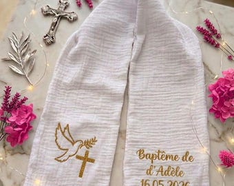Étole écharpe baptême personnalisée gaze de coton blanc garçon fille bébé enfant écharpe thermocollée prénom cérémonie baptême bapteme blanc