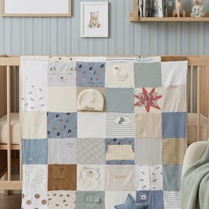 Peut inclure: Une couverture patchwork pour bébé dans un berceau, avec des carrés de différents tissus bleus, beiges et blancs. Certains carrés ont des motifs d'ours et d'étoiles, et un petit bonnet avec le nom "James" est inclus. Un oreiller en forme d'étoile bleue et un jouet en bois sont sur la couverture.
