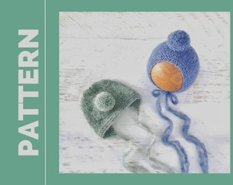 Bonnet newborn pom pom KNITTING PATTERN. Knitting Tutorial: Baby Hat with Pom Pom. Knit PDF Pattern Newborn Hat Prop.