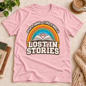 Lost In Stories PNG: Open A Book Find A World Retro Reading Graphic Book Lover png Vintage Rainbow Reader Art (Digital Download)