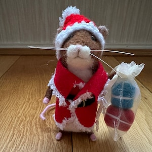 Needle felted Christmas mouse mice gift blue present sack felting handmade Xmas hat Santa