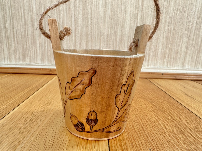 Pyrography Mice Rustic Mouse Desk Tidy: Pyrography Oak Leaf Wood Bucket - Etsy