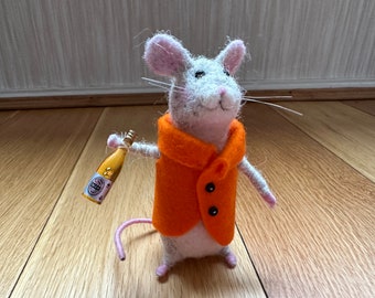 Needle felted mouse mice Gift beer bottle drunk. Celebration party mouse felt decoration coat.