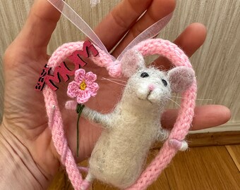 Needle Felted Mouse in Crochet Heart - Mother's Day Gift