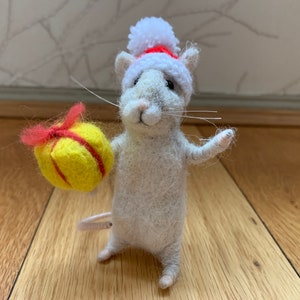 Needle felted Christmas mouse mice gift yellow present felting handmade Xmas hat