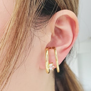 Gold Double Hoops Cuff Earring - Big Ear Lobe Cuff - No Piercing - Geometric Wrap Earring - Unique - Hoop Ear Cuff w/ Marquise - Avant Garde
